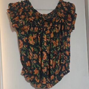 Floral Ruffle Women's Blouse - Black and Orange